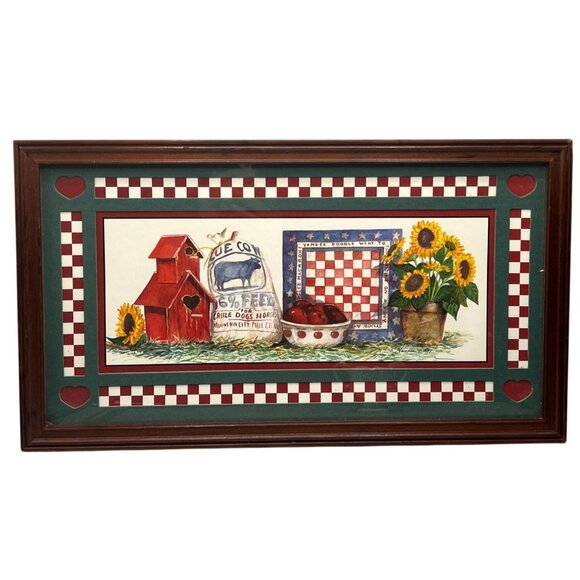90s Home Interiors Framed Country Art Gamboa Barn Birdhouse Sunflower Feed Sack - Picture 1 of 11